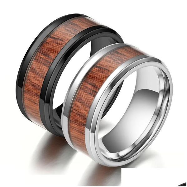 Bandringe 8Mm Wolfram-Fingerbandringe Langlebiger Vintage-Titan-Edelstahl-Holzinlay-Ringschmuck Für Männer Frauen 316L 111 M2 Dhgrn