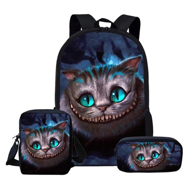 Çantalar erkek kızlar okul çantaları gülümse cheshire kedi 3d baskı öğrenci sırt çantası seti büyük kapasiteli unisex mochila escolar