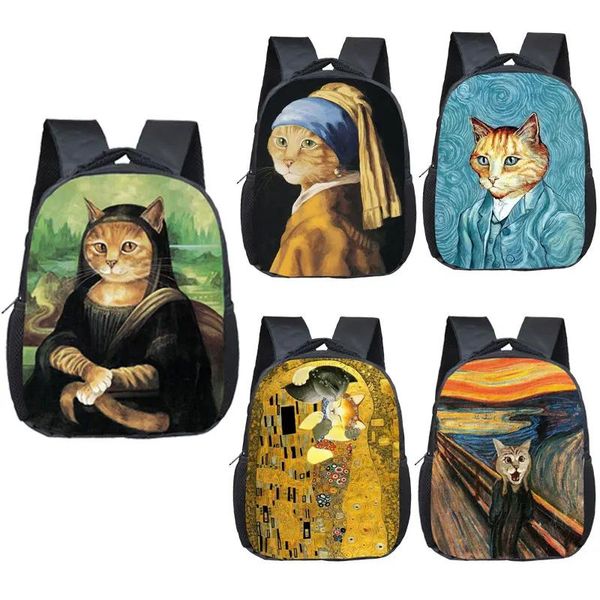 Sacos engraçados mona lisa gato mochila bonito gato sacos de escola para crianças mochila ortopédica no jardim de infância primário mini mochila