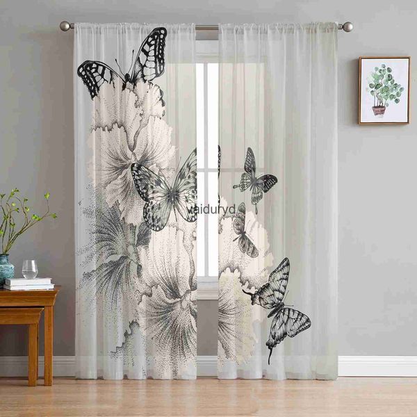 Gordijn Zwart-wit Vlinder Bloem Art Tule Gordijnen voor Woonkamer Decoratie Chiffon Pure Voile Keuken Slaapkamer Curtainvaiduryd