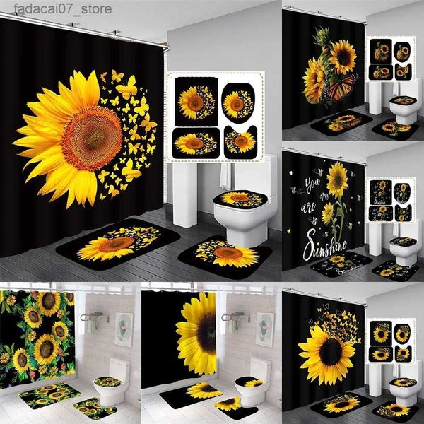 Tende da doccia Magic Girasole Farfalla Set di tende da doccia Nero Giallo Art Country Fiore Decorazioni per il bagno Tende Tappetini da bagno Tappeto Copriwater Q240116