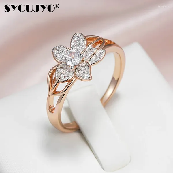 Fedi nuziali SYOUJYO 585 Anello a forma di fiore color oro rosa per le donne Gioielli da sposa vintage in zircone naturale placcato argento