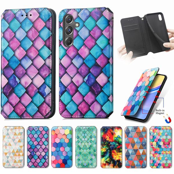 Capas carteira de couro para Xiaomi 14 Pro 13 Redmi 13C 5G K70 Pro K70E Note 13 Pro + 5G Titular do slot para cartão de crédito Cube Cloud Print Chupar fecho magnético Flip Cover PU Bolsa