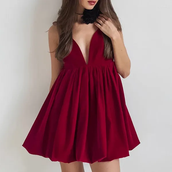 Vestidos casuais omsj cutesexy estilo francês a linha vestido curto sling profundo decote em v aberto volta plissado de cintura alta senhoras vestidos de princesa festa