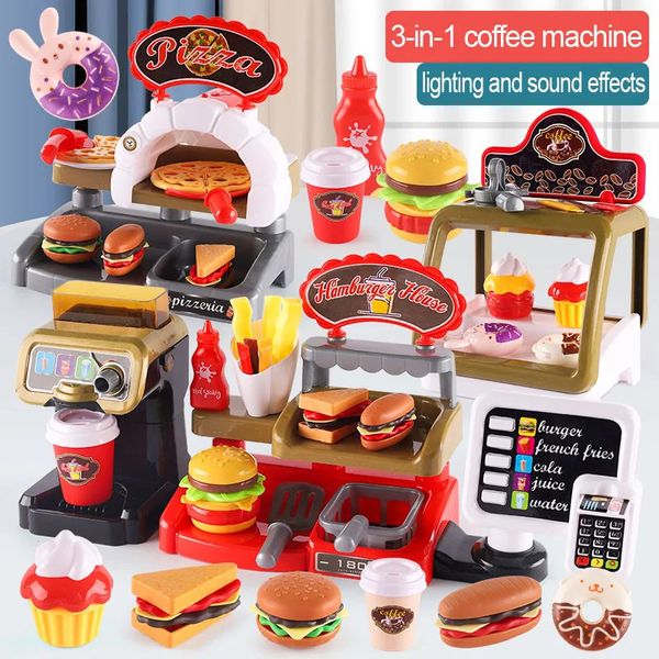 Kid Play House Gioco Cucina Fast Food Ristorante Burger Fries Dessert Macchina per il caffè Cassiere Set Mini giocattoli educativi di ruolo 240115