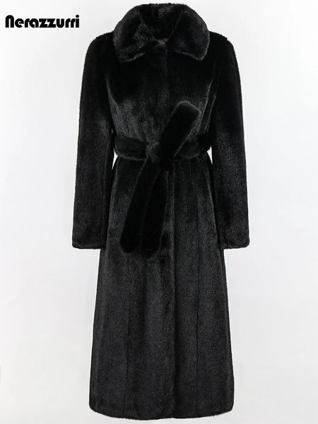 Nerazzurri Inverno Lungo di Lusso Elegante Nero Equipaggiato di Spessore Caldo Morbido Soffice Cappotto di Pelliccia di Visone Finto Donne Telai Gira-giù il Collare 240115