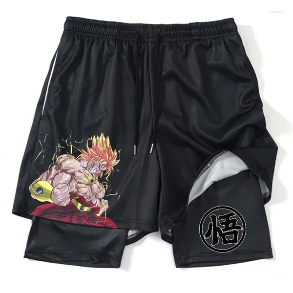 Shorts masculinos imprimir anime homens mulheres 2 em 1 malha seca rápida ginásio para fitness correndo verão preto desempenho scanties