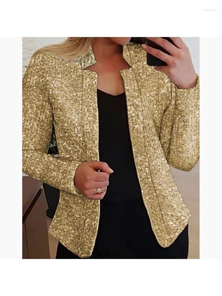 Damenjacken Pailletten glänzende Frauenjacke für weibliche elegante Goldfarbe Stehkragen Langarmmantel 2024 Herbst Dame Vintage Streetwear