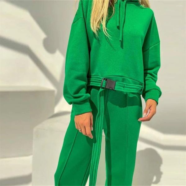 Calças femininas de duas peças C 2024 outono inverno com capuz manga comprida cor sólida conjunto de moletom dividido para moda