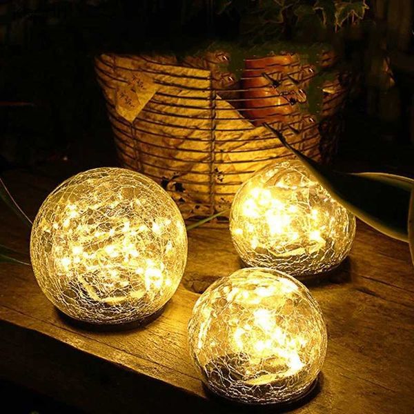 Decorações de jardim lâmpada solar led caminho luz ao ar livre à prova dwaterproof água luz da noite jardim acampamento bola vidro rachaduras decorar iluminação ao ar livre yq240116