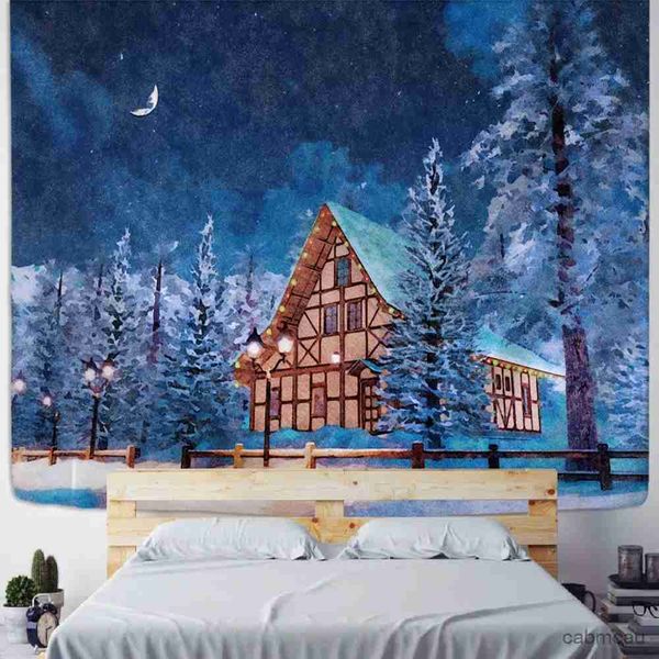Wandteppiche, Weihnachtsdorf, Holzhaus, Wandteppich, Eis- und Schnee-Stil, Wandbehang, Frohe Weihnachten, Wandteppich für Heimdeko, Weihnachtsgeschenk