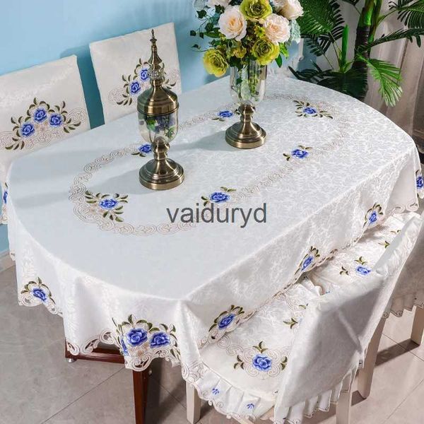 Toalha de mesa oval branca bordada dobrável mesa de chá europa mesa de jantar toalha de mesa renda arte capa de poeira capa de cadeiravaiduryd