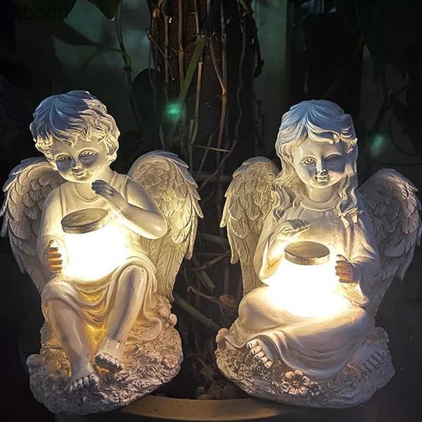 Decorações de jardim branco jardim menina anjo ornamento casa jardim solar menino resina estátua decorativa artesanato yq240116