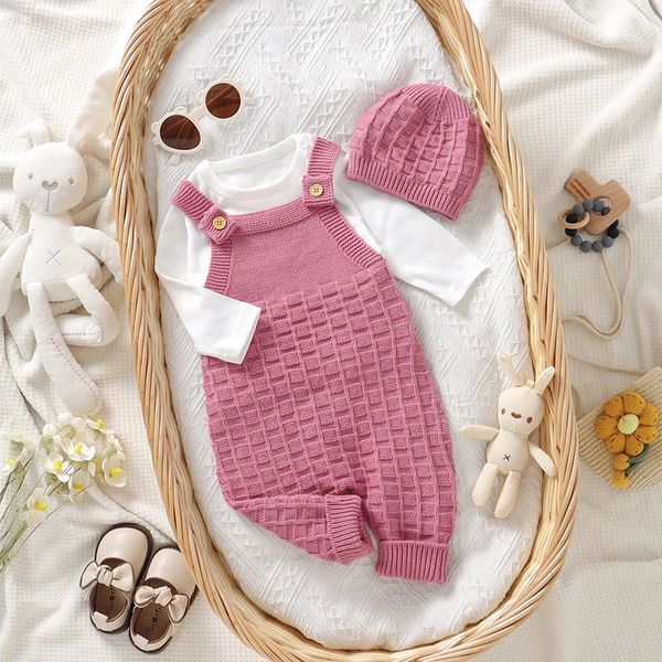 Yeni doğan kız bebek tulum+şapka kolsuz örgü çocuk tulum 0-18m ilkbahar/yaz/kış 2pc seti 240116