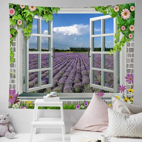 Arazzi Arazzo Sfondo da parete 3D Meraviglioso paesaggio di bellissimi fiori per finestre Sfondo di mattoni Decorazione Panno appeso