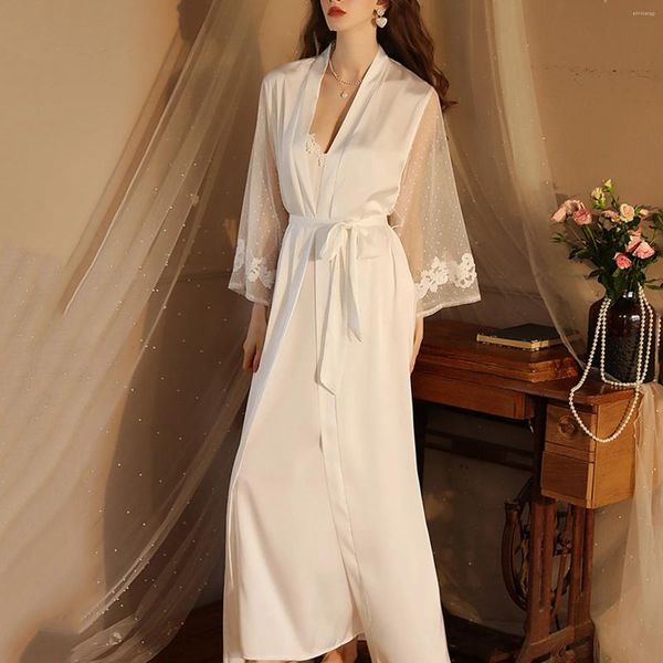 Stud Ohrringe Frauen Luxus Homewear Spitze Roben Sheer Mesh Lange Flare Hülse Kimono Weibliche Weiß Kordelzug Taille Maxi Bademantel Sexy