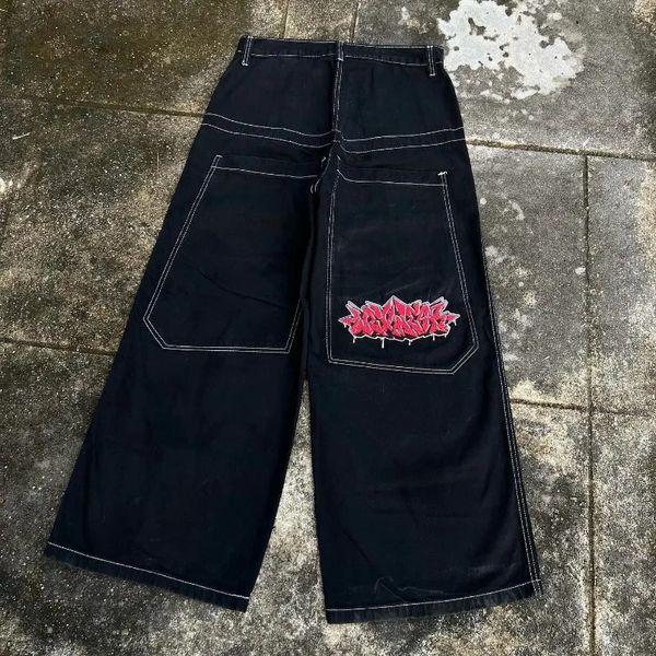 Y2k calças de brim largas homens hip hop streetwear americano vintage bordado carta padrão calças pretas mulheres homens harajuku calças de perna larga 240115