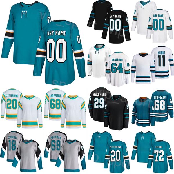 Personalizado Hóquei 64 Mikael Granlund Jerseys 20 Fabian Zetterlund 68 Mike Hoffman 72 William Eklund 11 Luke Kunin 18 Filip Zadina 29 Mackenzie Blackwood Juventude Mulheres Homens