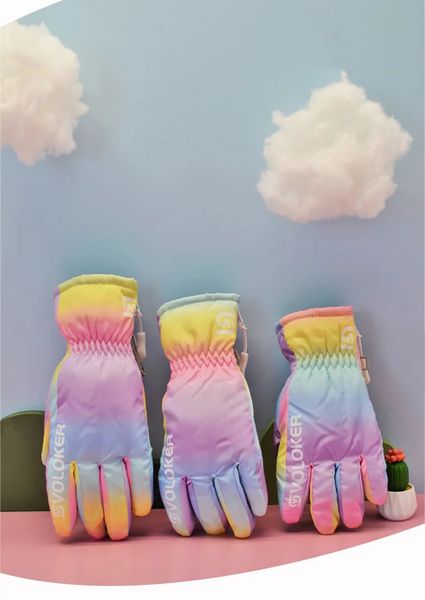 Детские лыжные перчатки Зимние сноубордические перчатки из искусственной кожи Водонепроницаемые велосипедные теплые унисекс Снежные спортивные перчатки для мальчиков и девочек Детские Радужные милые милые 240116