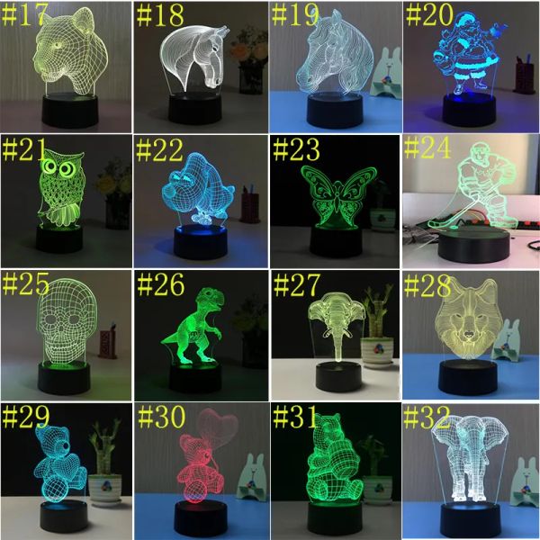 3D LED Işıklar 7 Renk Dokunma Anahtarı Gece Işığı Akrilik Optik İllüzyon Lambası Atmosfer Yenilik Aydınlatma 48 Desen İsteğe Bağlı 11 LL