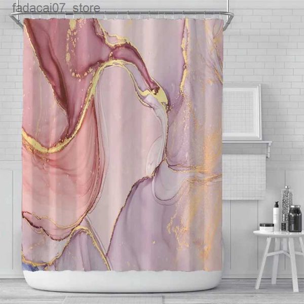Cortinas de chuveiro de luxo moderno mármore impresso cortina de chuveiro à prova d'água rosa ouro roxo gradiente cortinas de chuveiro com tela de banheiro 3D Q240116