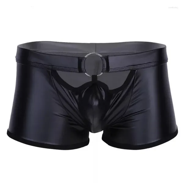 Cuecas homens anel de ferro roupa interior fosco patente couro shorts macio sexy lingerie hip-hop boxer oco para fora boxers tamanho grande