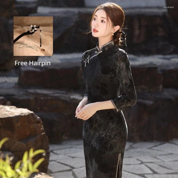 Etnik Giyim 2024 Çin Qipao Hanfu Elbise Kostüm Uzun Kollu Cheongsam Siyah Giysiler Kadın Seksi Karnaval Parti Kıyafetleri Ücretsiz