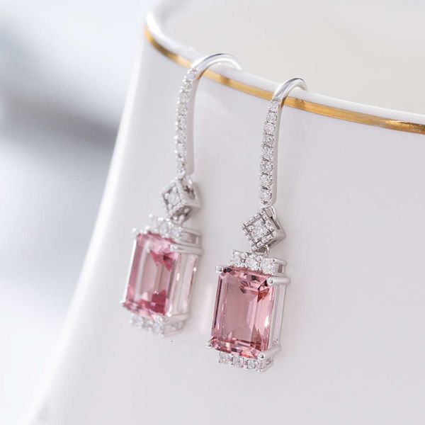 Moda Doğal Pembe Morganite Damla Katı Altın Pırlanta Takı Küpe Kadınlar için Düğün