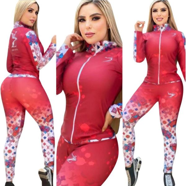 L6026 tuta da ginnastica rossa in due pezzi da donna, tuta da ginnastica firmata, giacca cardigan, pantaloni della tuta, pantaloni da jogging