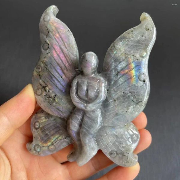 Estatuetas decorativas de cristal natural esculpida borboleta fada rara roxa labradorite artes e ofícios para casa