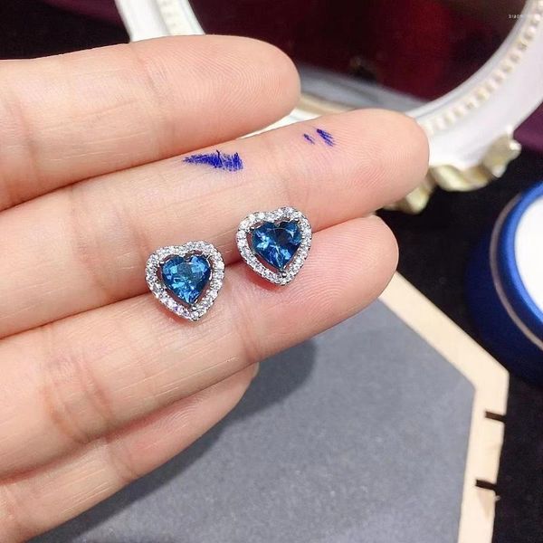 Brincos Venda Coração Pedra Preciosa 6mm Total 1.2ct Topázio Natural Sólido 925 Prata Londres Azul Jóias