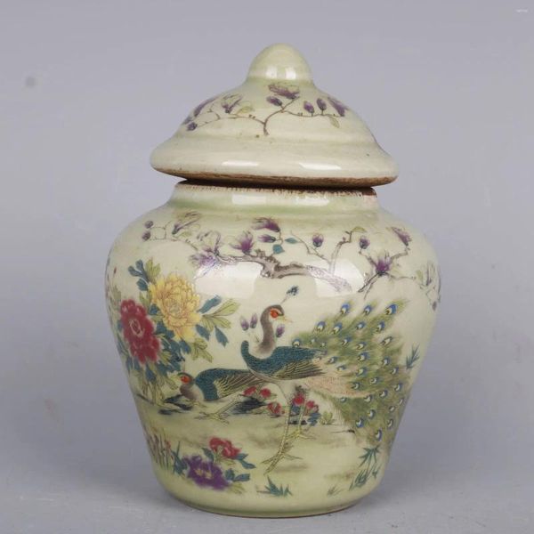 Бутылки Китайский фарфоровый горшок Famille Rose Qing Tongzhi Peony Peacock Tea Caddy 5,4 дюйма