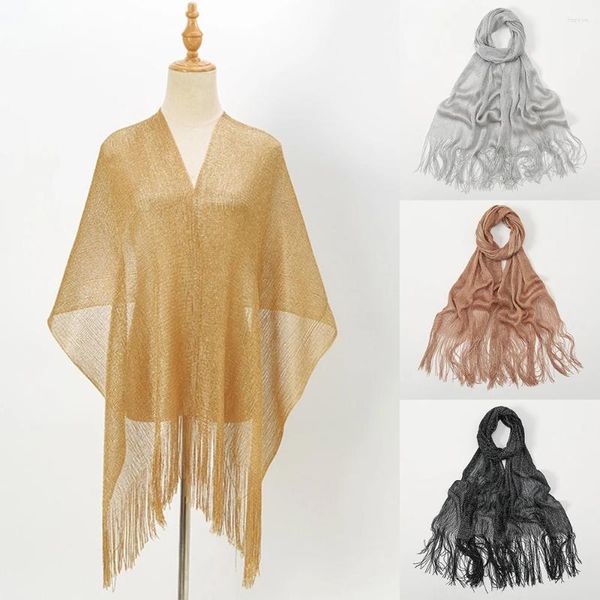 Шарфы золотого, серебряного цвета с кисточками, длинный шарф, пляжный солнцезащитный крем, вечерние, свадебные, элегантные вечерние платья, блестящая шаль