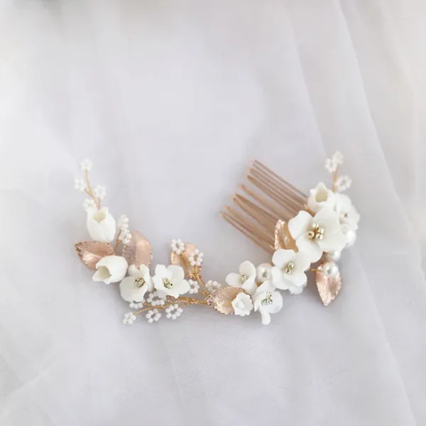 Grampos de cabelo porcelana floral jóias nupcial pente peça artesanal acessórios de casamento ouro prata cor feminino headdress