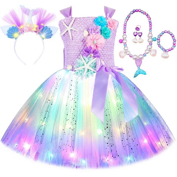 Prinzessin Meerjungfrau Kleid für Mädchen LED Leuchten Ozean Motto Geburtstag Party Tutu Kleid Kleidung Halloween Kostüm für Kinder Vestidos 240116