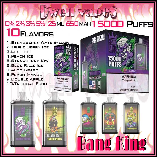 Bang King 15000 Puff Одноразовый вейп 15K Puffs Электронные сигареты Vaper Устройство с перезаряжаемой батареей 650 мАч Картридж Pod Bar на 25 мл 0% 2% 3% 5% Уровень 10 Оптовый продавец вкусов