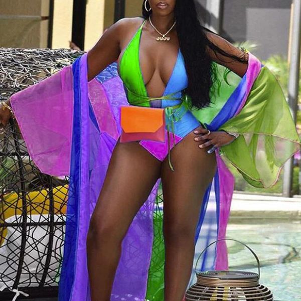Indossa un costume da bagno brasiliano per donna Patchwork Costume da bagno arcobaleno Body intero Monokini + Cardigan copricostume estivo