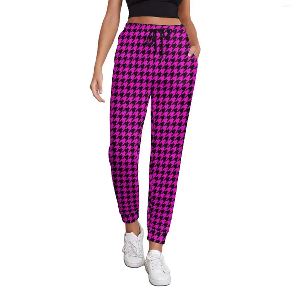 Calças femininas preto rosa houndstooth feminino retro impressão hip hop sweatpants outono casual calças personalizadas tamanho grande 2xl