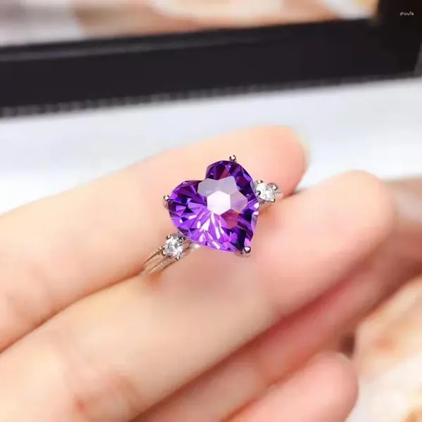 Cluster-Ringe FS 10 mm natürlicher Amethyst herzförmiger Ring S925 Sterling Silber Charm Hochzeit Schmuck für Frauen MeiBaPJ