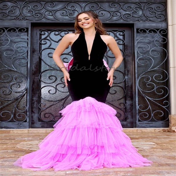 Único rosa com preto sereia vestido de baile profundo decote em v fishtail vestidos de noite elegante plus size sem costas vestido formal com arco em camadas babados vestido de festa 2024 Mariee