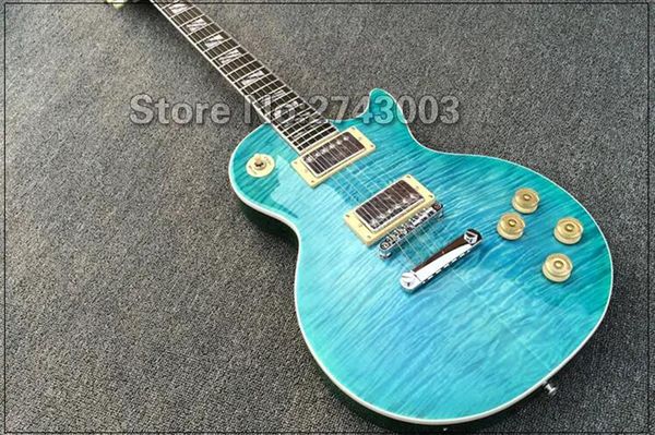 Loja personalizada de guitarra elétrica, chama azul, bloco superior de bordo, incrustações divididas, placa de dedo de madeira jacarandá, hardware cromado de alta qualidade