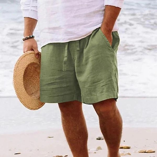 Shorts masculinos 2024 primavera verão praia mens cor sólida cordão tie-up algodão linho calça curta para roupas soltas retro
