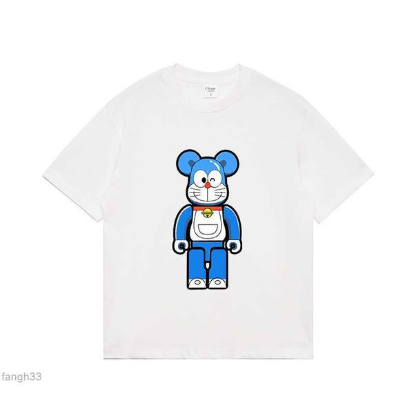 High Street Brand Little Bear Fio Duplo Puro Violento Doraemon Impressão Grande Solta Camiseta de Manga Curta