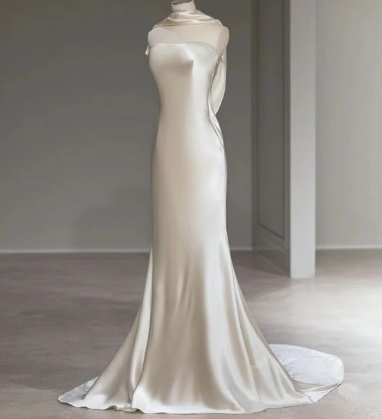 Neuestes Prinzessin-Hochzeitskleid 2024, Mantel für die Braut, Seidensatin, Neckholder, lang, offener Rücken, nach Maß, formelles Brautkleid, Vestidos De Noivas