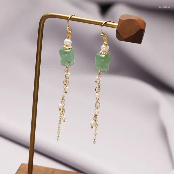 Brincos pendurados originais 14k ouro cheio de água doce natural pérola lótus jade flor senhoras borla gota jóias feminino presente de natal