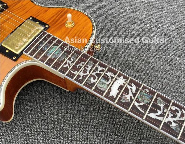 Guitarra eléctrica LP personalizada, incrustaciones de flores de abulón, tapa de arce flameado, fijaciones traseras de abulón, Hardware dorado, Guitarra