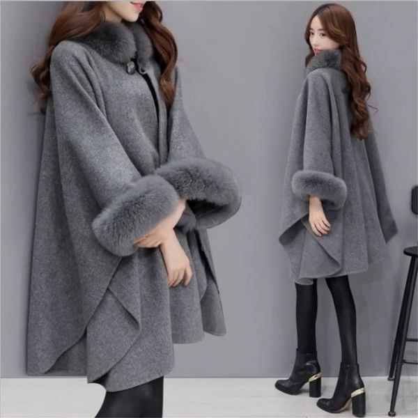 S-5XL inverno quente moda capa chifre fivela de lã poncho capas mulheres falso pele de coelho dolman mangas soltas longo cappa casaco 240115