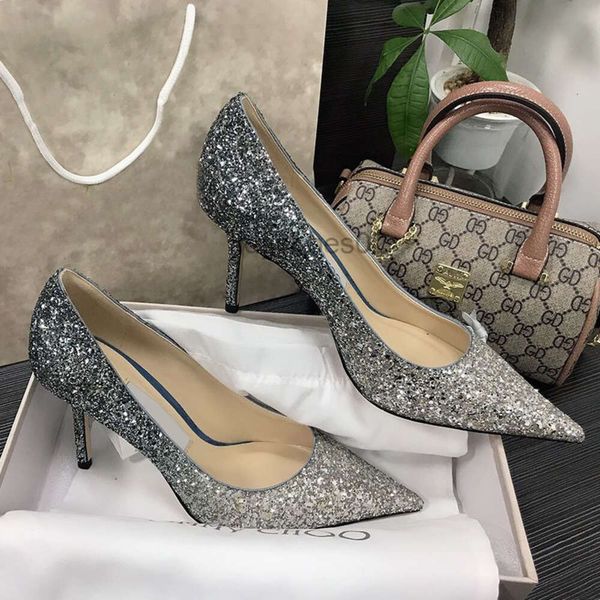 Jc paillettes a punta argento blu tacchi alti tacchi sottili 2024 nuove scarpe da sposa fantasia ghiaccio e neve scarpe da damigella d'onore date quotidiane