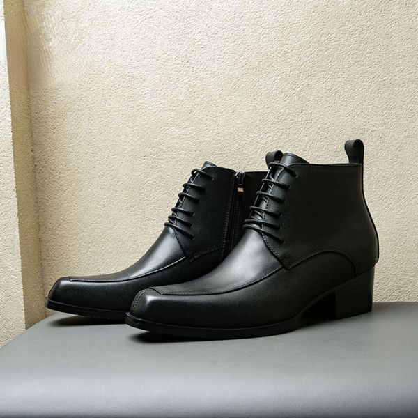 Botas de negócios masculinas italianas com salto alto couro genuíno confortável feito à mão novos sapatos de casamento quentes masculinos 5 cm de altura