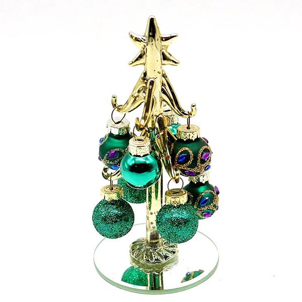 Personalizado pintado à mão artesanato de vidro dourado escultura de árvore de natal decoração pendurado tom verde soprado oco bola de natal ornamento pingente 240116